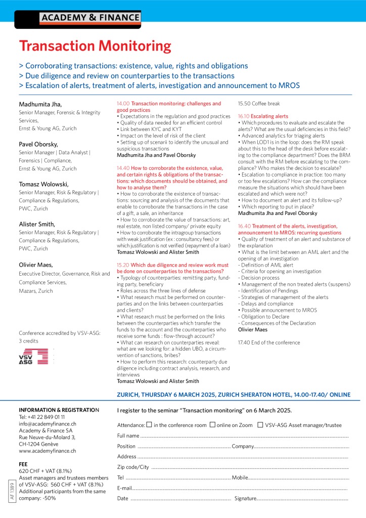 AF 1389 Transaction monitoring – Zurich 6 March 2025